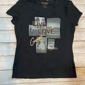 Guess Black Tee with Gold Metallic Script and Studded 'LIVE LOVE'
